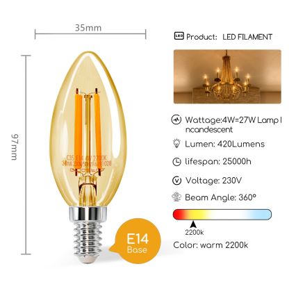 LED lamp C35 E14/4W/230V 2200K - Aigostar