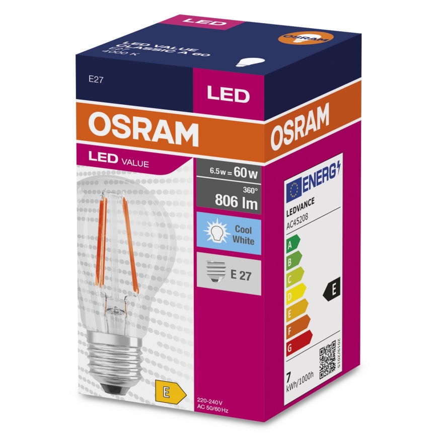 LED Lamp FILAMENT A60 E27/6,5W/230V 4000K - Osram