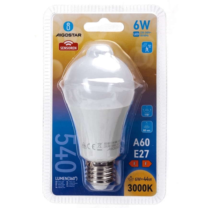 LED-lamp met bewegings- en schemersensor A60 E27/6W/230V 3000K - Aigostar