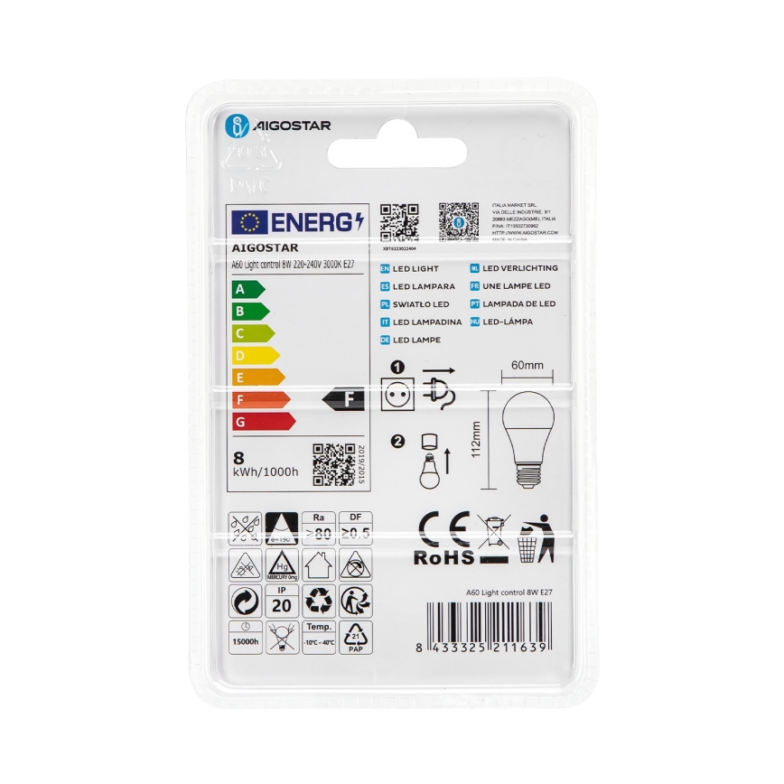 LED-lamp met schemersensor A60 E27/8W/230V 3000K - Aigostar