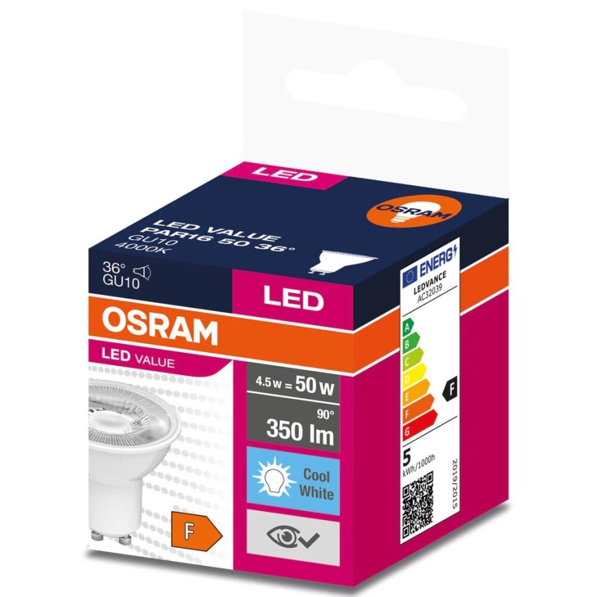 LED Lamp VALUE PAR16 GU10/4,5W/230V 4000K 36° wit - Osram