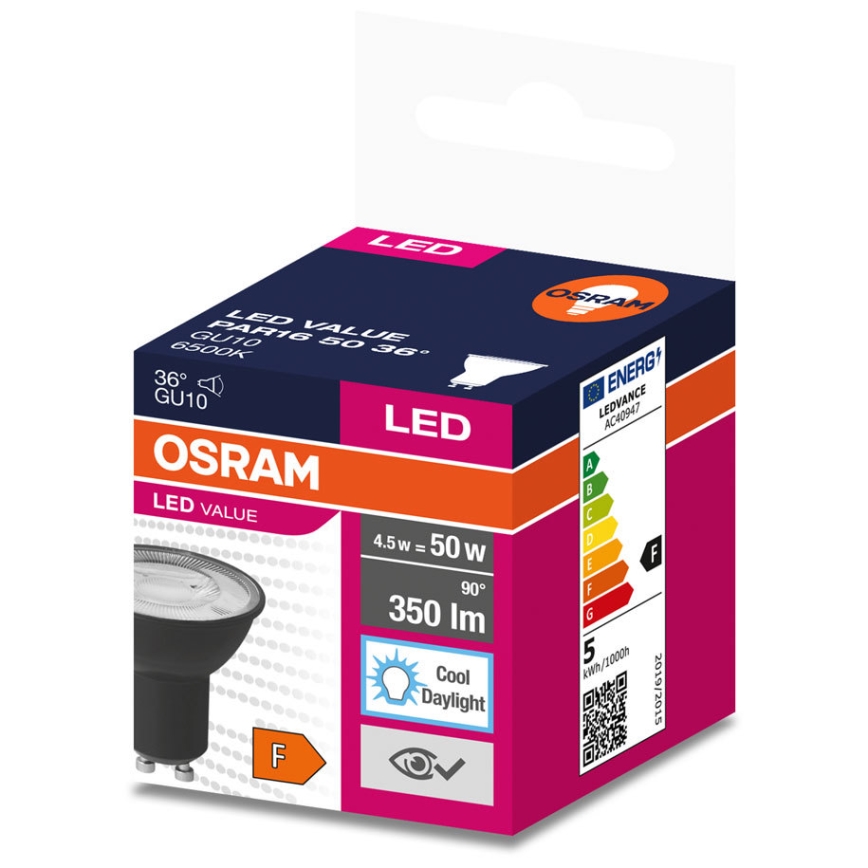 LED Lamp VALUE PAR16 GU10/4,5W/230V 4000K 36° zwart - Ledvance