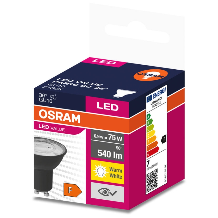 LED Lamp VALUE PAR16 GU10/6,9W/230V 2700K 36° zwart - Ledvance
