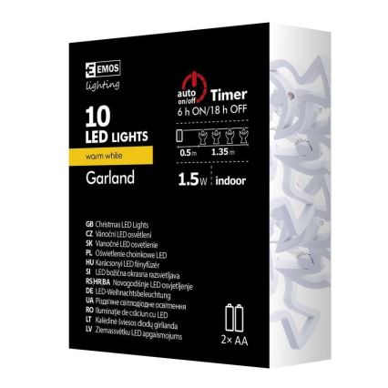 LED-lichtsnoer CHAIN 10x LED / 2x AA-batterijen 1,85 m warm wit