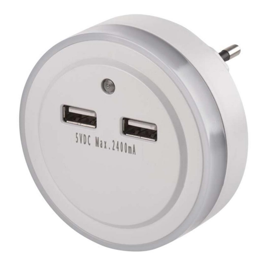 LED nachtlampje voor stopcontact met lichtsensor+2xUSB 3xLED/0,3W/230V