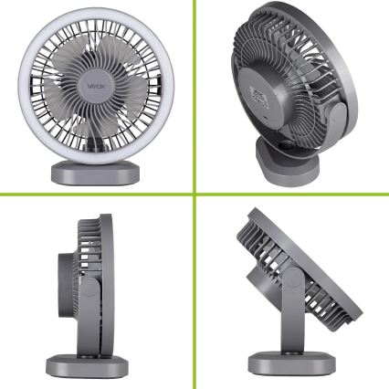 LED Oplaadbare tafelventilator met LED-verlichting LED/3W/5V USB 2400 mAh grijs