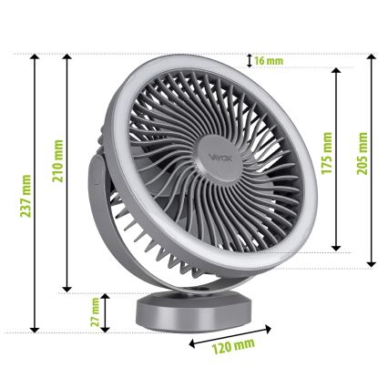 LED Oplaadbare tafelventilator met LED-verlichting LED/3W/5V USB 2400 mAh grijs