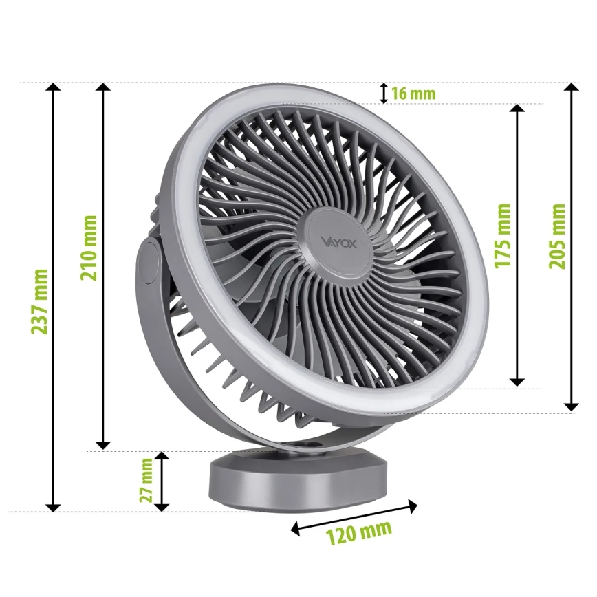 LED Oplaadbare tafelventilator met LED-verlichting LED/3W/5V USB 2400 mAh grijs