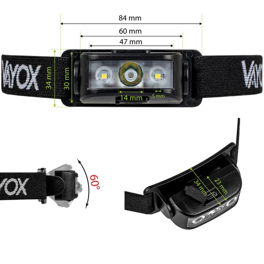 LED Oplaadbare dimbare hoofdlamp 3xLED/5V IPX4 100 lm 1200 mAh