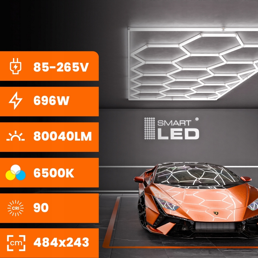 Plafonnier LED HEXAGON 696 W 85-265 V 6500 K 484 x 243 cm IRC 90 IP44 blanc