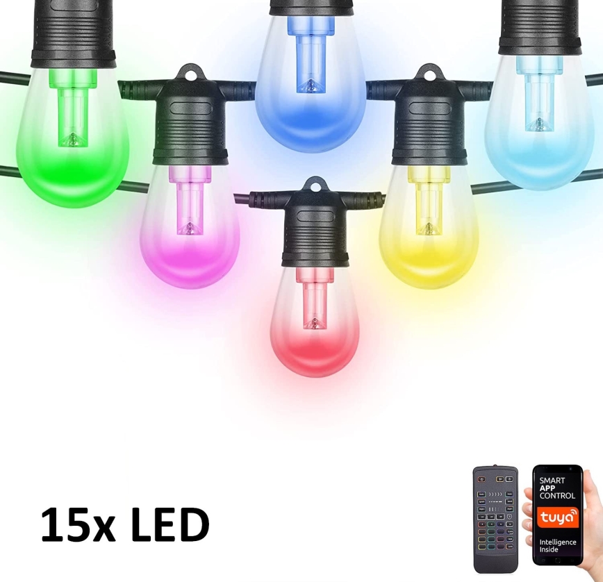 LED RGB+CCT Dimbaar buitenshuis ketting SLINGER 15xLED/1W/230V 15m Wi-Fi Tuya IP65 + afstandsbediening