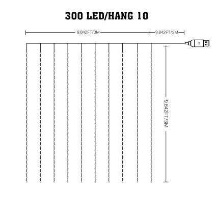 LED RGB dimbaar kerstgordijn WIZARD 300xLED/USB 3x3m + afstandsbediening