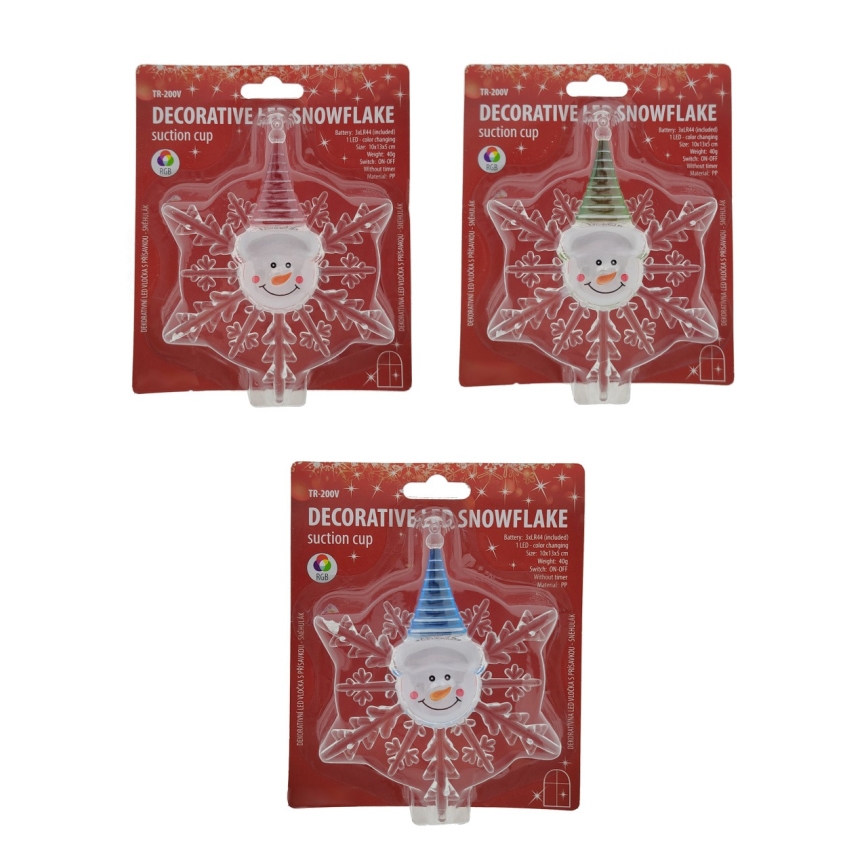 LED RGB kerstdecoratie met zuignap LED/3xLR44 sneeuwman rood/blauw/groen