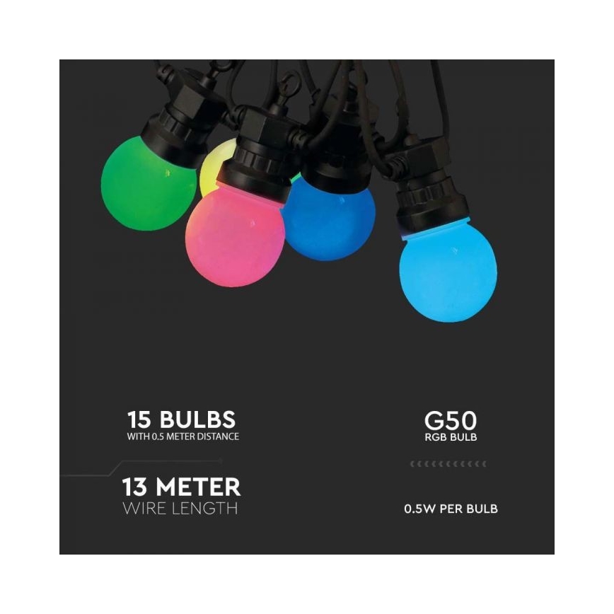 LED RGB Lichtketting voor buiten STRING 13 m 15xLED/0,5W/230V IP44 + afstandsbediening