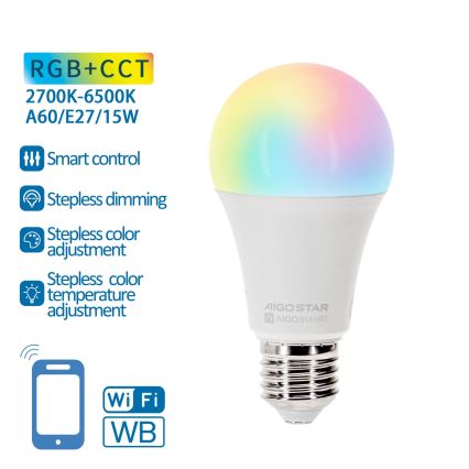 LED RGBW dimbare lamp A60 E27/15W/230V 2700-6500K Wi-Fi - Aigostar