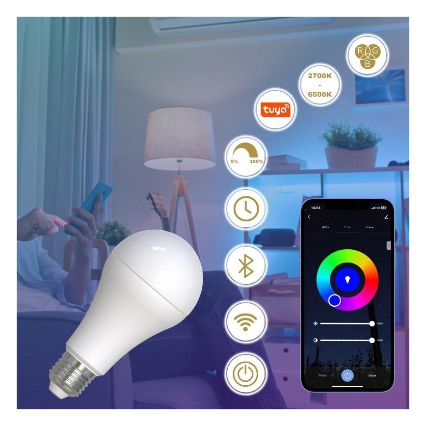 LED RGBW dimbare lamp A60 E27/15W/230V 2700-6500K Wi-Fi Tuya