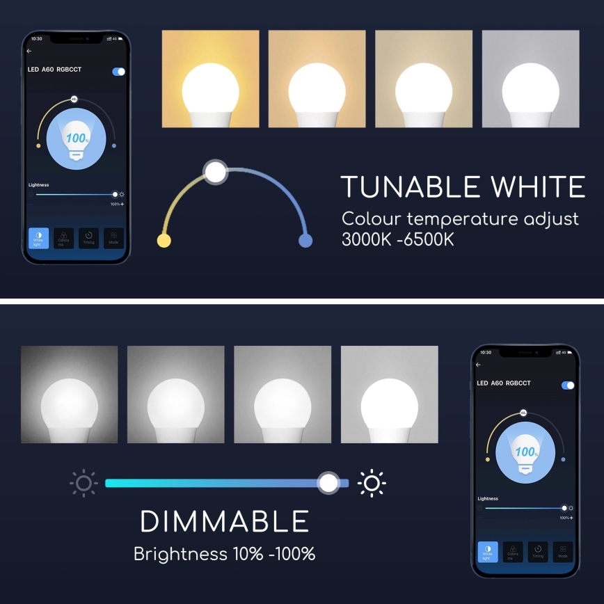 LED RGBW dimbare lamp A60 E27/15W/230V 3000-6500K Wi-Fi - Aigostar