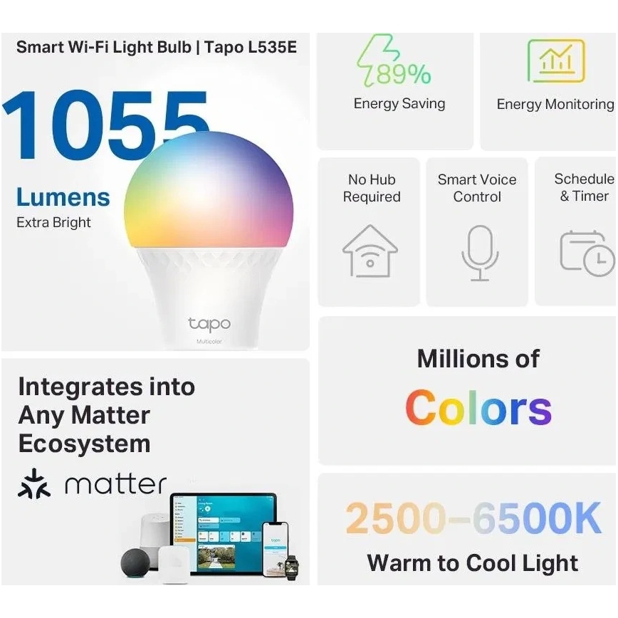 Dimbare LED RGBW-lamp MATTER A60 E27/8,6W/230V 2500-6500K Wi-Fi - TP-Link