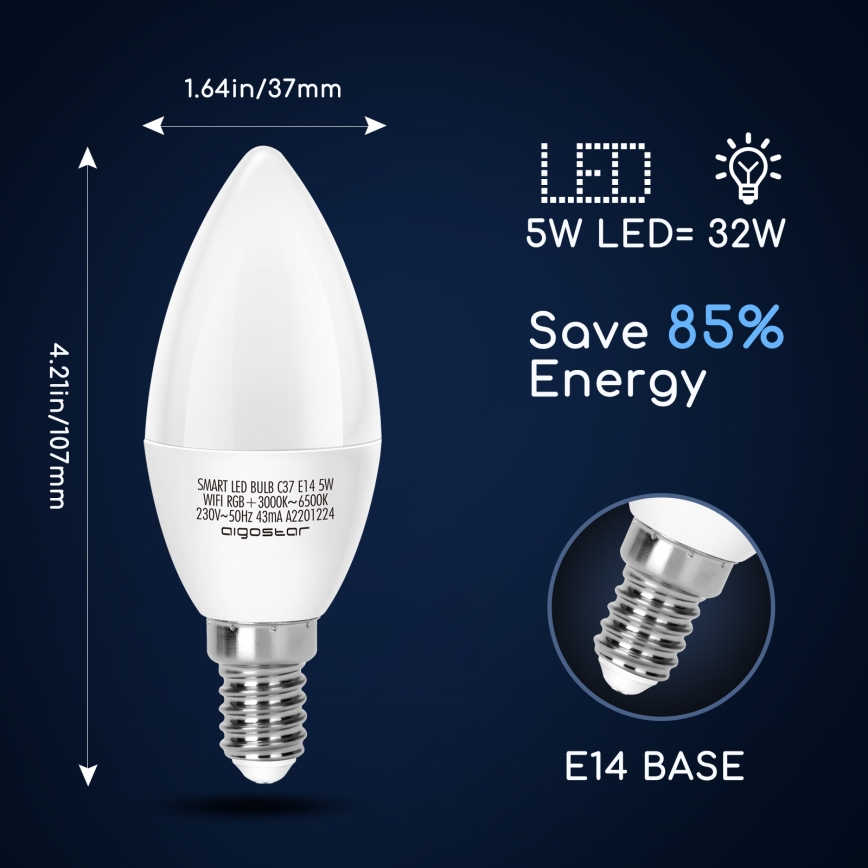 LED RGBW dimbare lamp C37 E14/5W/230V 3000-6500K Wi-Fi - Aigostar