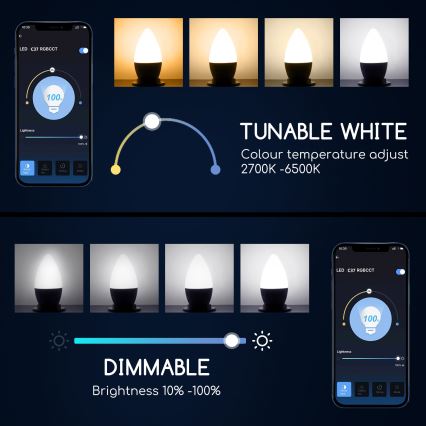 LED RGBW dimbare lamp C37 E27/5W/230V 3000-6500K Wi-Fi - Aigostar