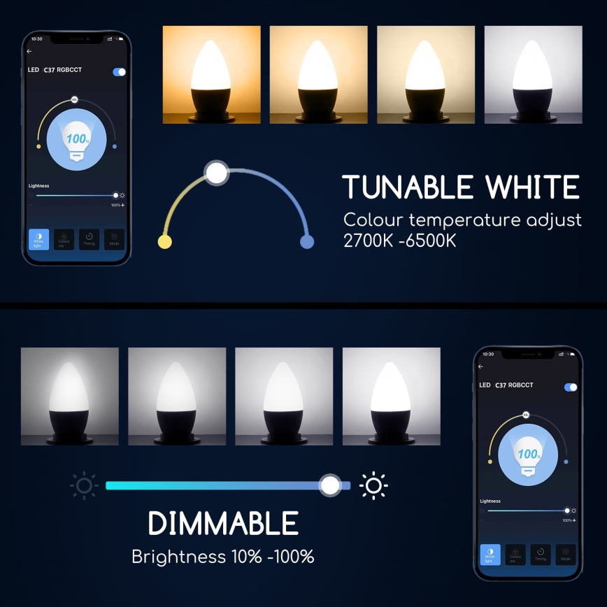 LED RGBW dimbare lamp C37 E27/5W/230V 3000-6500K Wi-Fi - Aigostar