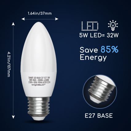 LED RGBW dimbare lamp C37 E27/5W/230V 3000-6500K Wi-Fi - Aigostar