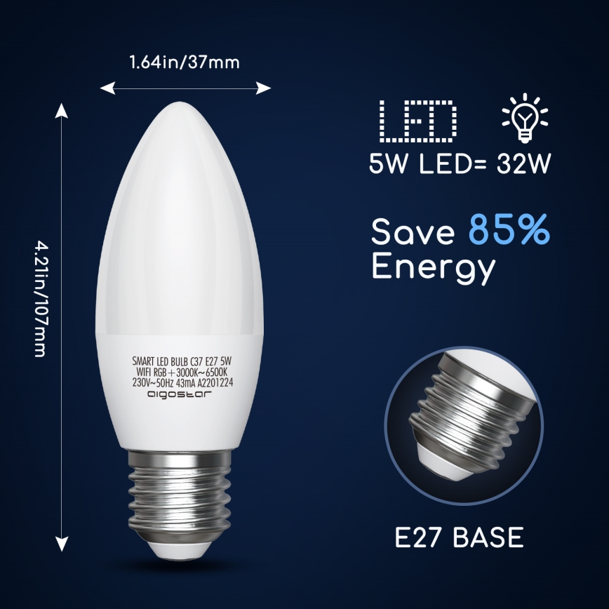 LED RGBW dimbare lamp C37 E27/5W/230V 3000-6500K Wi-Fi - Aigostar