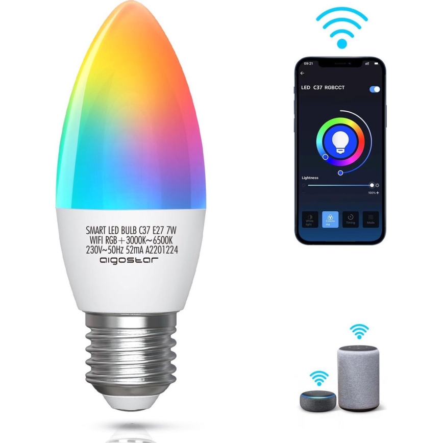 LED RGBW dimbare lamp C37 E27/7W/230V 3000-6500K Wi-Fi - Aigostar