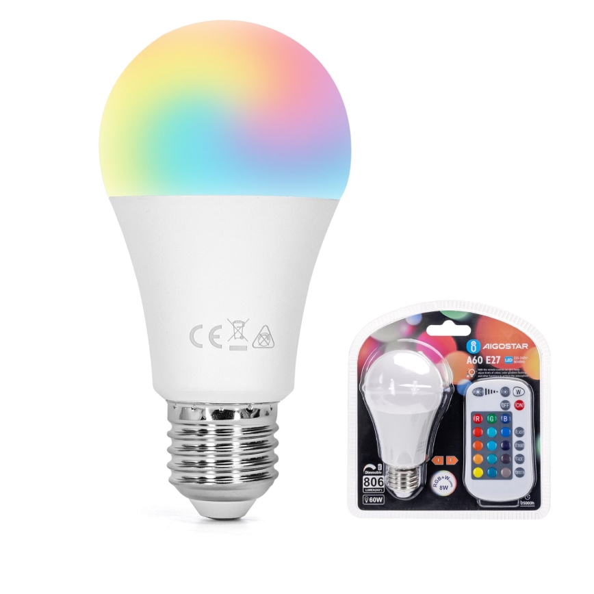 LED RGBW dimbare lamp E27/8W/230V 3000K + afstandsbediening - Aigostar