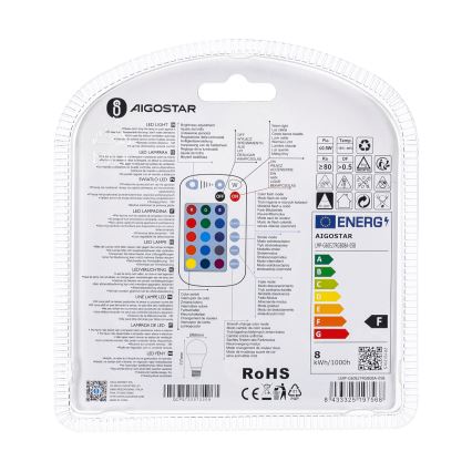 LED RGBW dimbare lamp E27/8W/230V 3000K + afstandsbediening - Aigostar