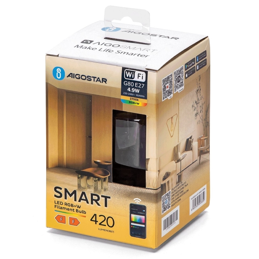 LED RGBW dimbare lamp FILAMENT G80 E27/4,9W/230V 2700K Wi-Fi - Aigostar