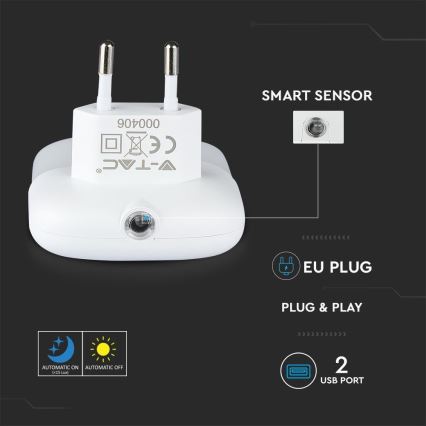LED Socket nachtlampje met schemersensor 2xUSB LED/0,45W/230V 3000K