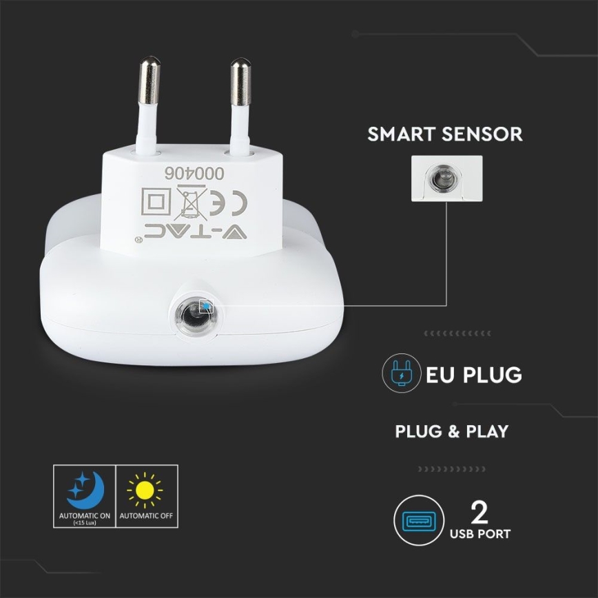 LED Socket nachtlampje met schemersensor 2xUSB LED/0,45W/230V 3000K