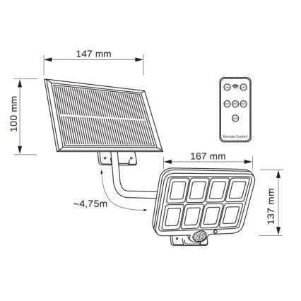 LED Solar schijnwerper met een sensor INTEGRA LED/3W/3.7V IP44 + afstandsbediening