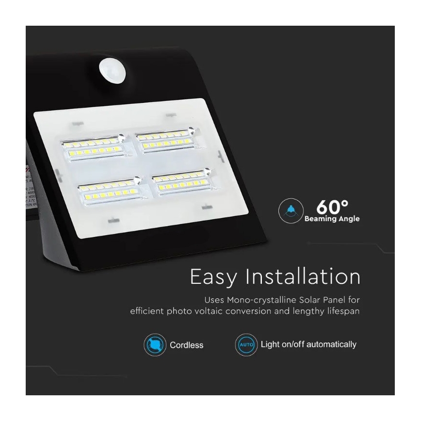 LED Solar Wand Lamp met Sensor LED/3W/3,7V 3000/4000K IP65 zwart