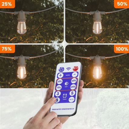 Dimbare LED decoratieve lichtsnoer op zonne-energie 10xE27/0,3W/3/5V USB 2400 mAh 10,62 m IP65 zwart + afstandsbediening