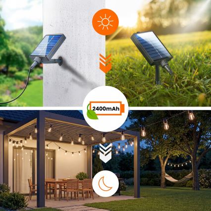 Dimbare LED decoratieve lichtsnoer op zonne-energie 10xE27/0,3W/3/5V USB 2400 mAh 10,62 m IP65 zwart + afstandsbediening