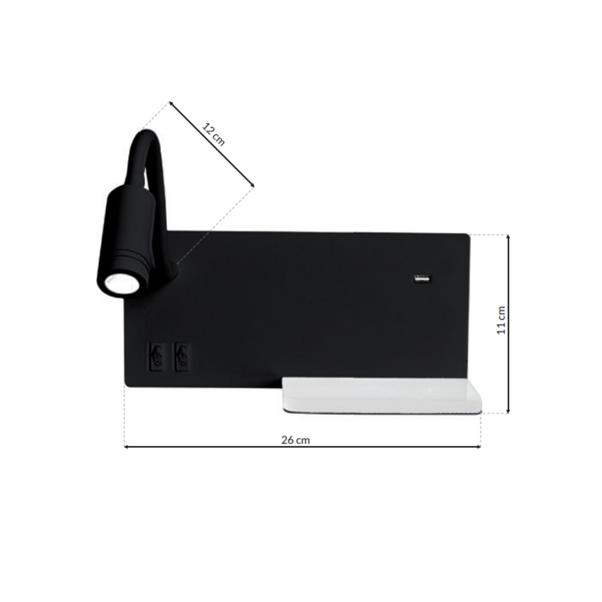 LED Wand Lamp SHELF 1xLED/4W+1xLED/5W+1xLED/2W/230V zwart