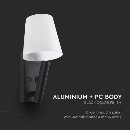 LED-wandlamp met USB-poort LED/2W/230V 3000K zwart/wit