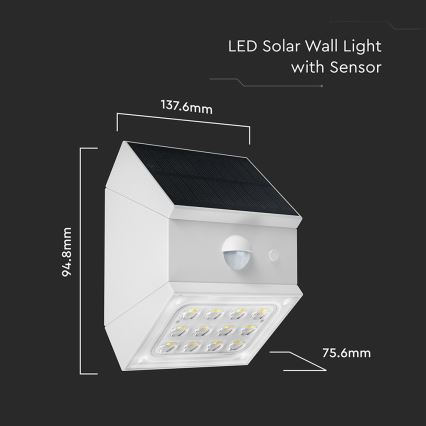 LED zonne-muurlamp met sensor LED/2,5W/3,7V 3000/4000/6000K IP65 1200 mAh wit