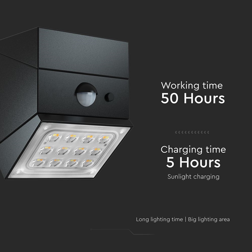 LED-wandlamp op zonne-energie met sensor LED/2,5 W/3,7 V 3000/4000/6000 K IP65 1200 mAh zwart