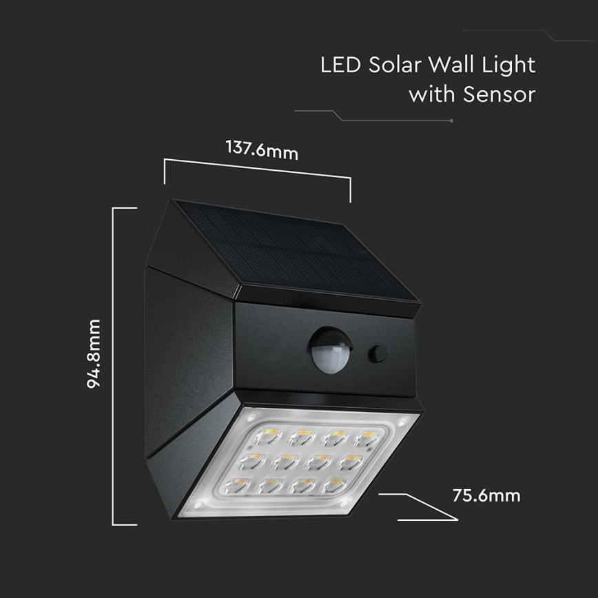 LED-wandlamp op zonne-energie met sensor LED/2,5 W/3,7 V 3000/4000/6000 K IP65 1200 mAh zwart