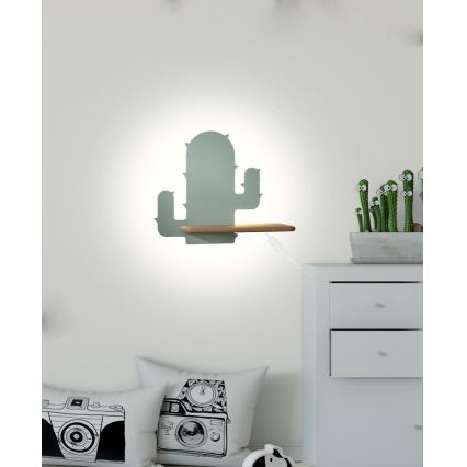 LED wandlamp voor kinderen inclusief plank CACTUS LED/4W/230V groen/hout