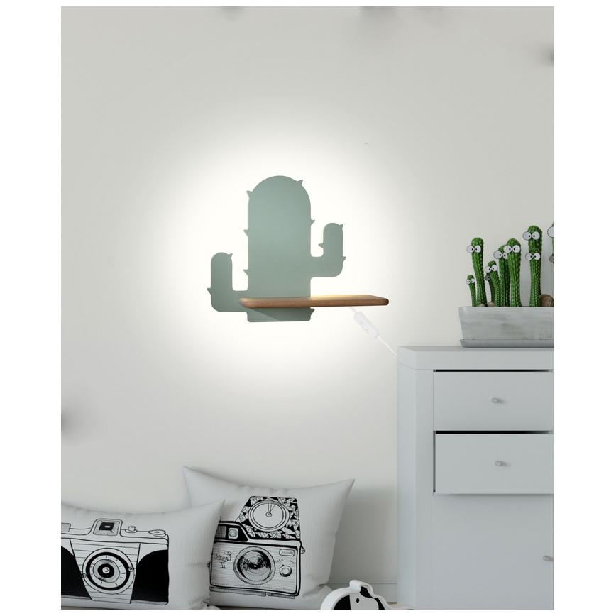 LED wandlamp voor kinderen inclusief plank CACTUS LED/4W/230V groen/hout