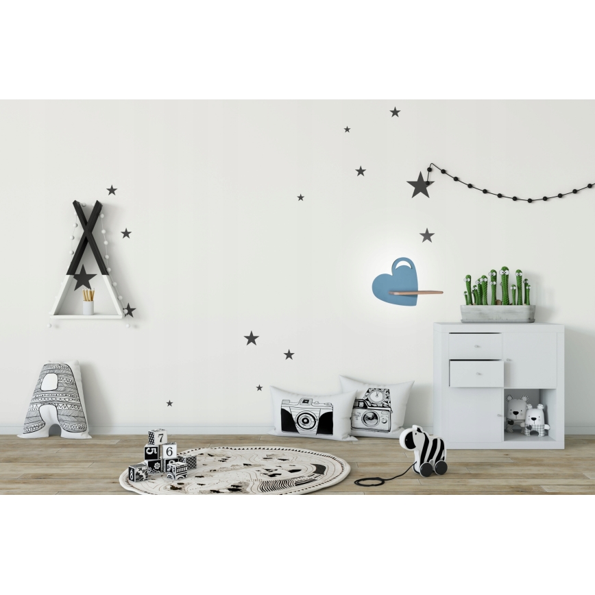 LED wandlamp voor kinderen inclusief plank HEART LED/5W/230V blauw/hout