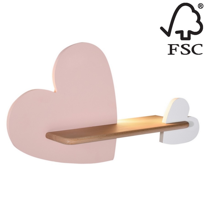 LED wandlamp voor kinderen inclusief plank HEART LED/5W/230V roze/wit/hout