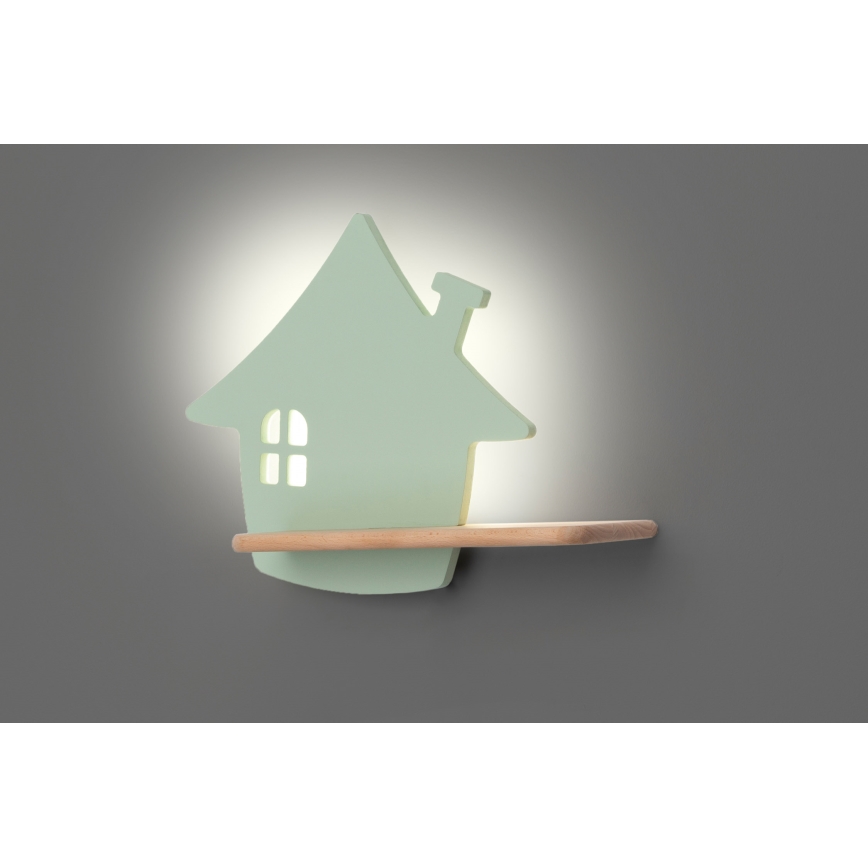 LED wandlamp voor kinderen inclusief plank HOUSE LED/4W/230V groen/hout