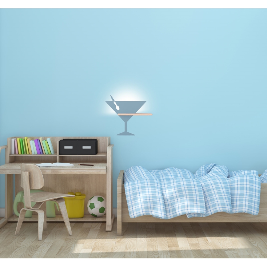 LED wandlamp voor kinderen inclusief plank PICCOLO LED/4W/230V blauw/hout