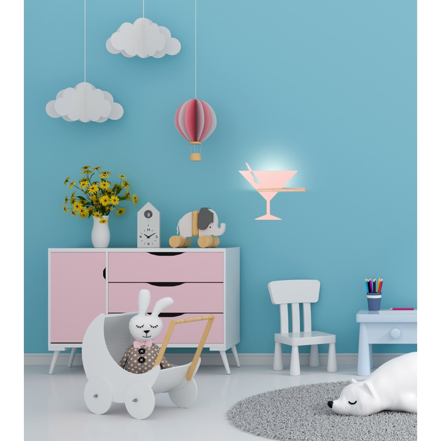LED wandlamp voor kinderen inclusief plank PICCOLO LED/4W/230V roze/hout