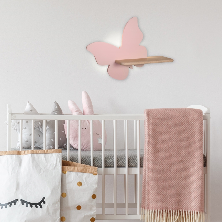 LED wandlamp voor kinderen inclusief plank VLINDER LED/5W/230V roze/hout